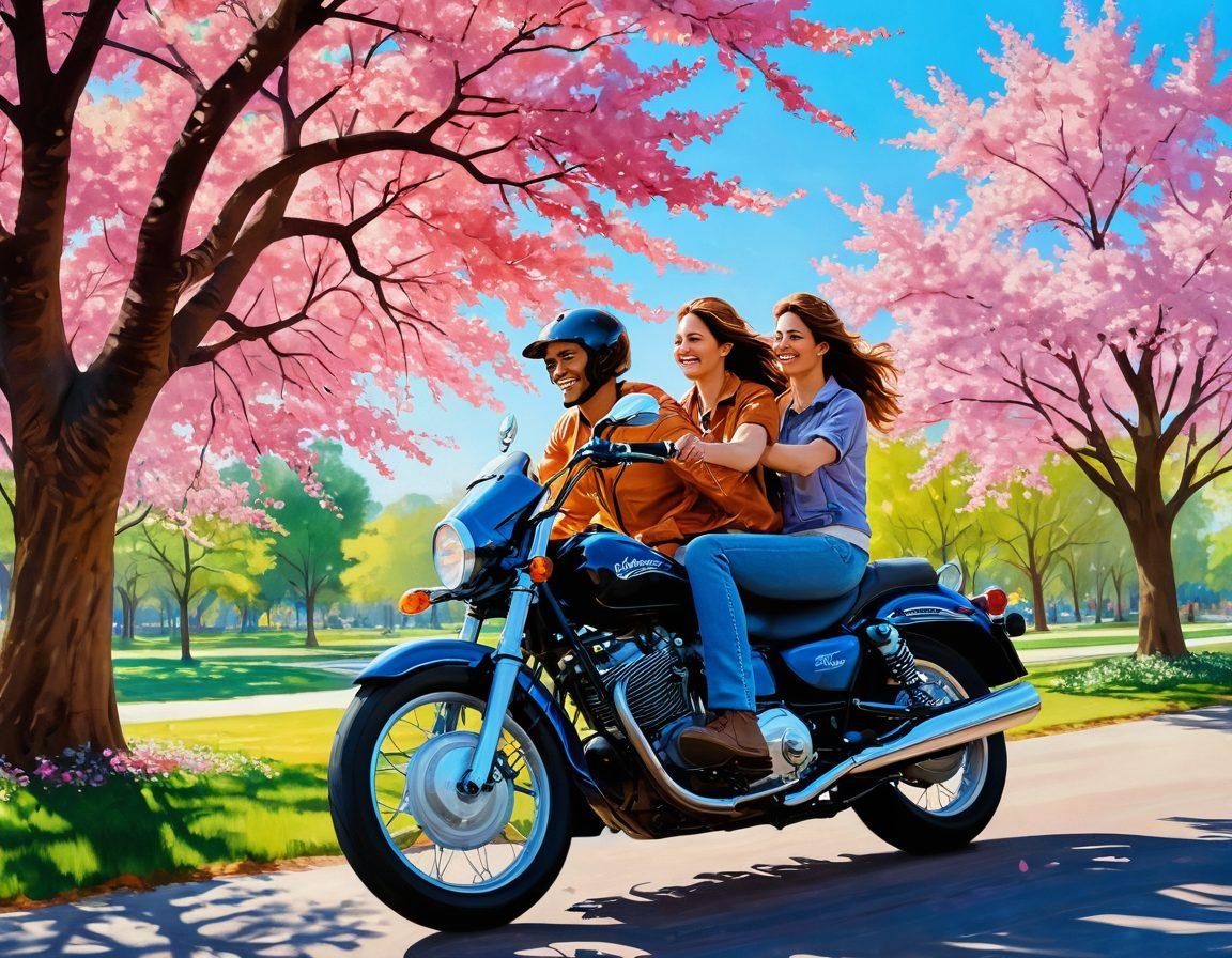 A couple joyfully riding an 85cc motorcycle through a picturesque, sunlit park, their smiles reflecting the thrill of adventure and romance. The motorcycle's vibrant colors contrast against the soft, dreamy backdrop of blooming trees and a clear blue sky. Add whimsical hearts and motion lines to emphasize their connection and the sense of freedom they share. super-realistic. vibrant colors. 3D.